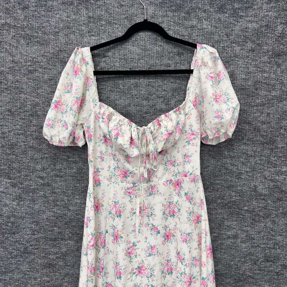 Floral Puff Sleeve Maxi Dress Womens Pink Square Neck Ruched Tie Front Bohoโ